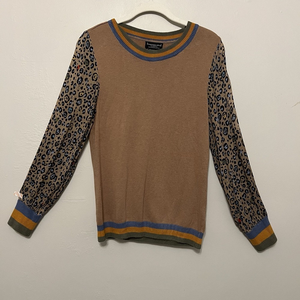 Anthropologie Leopard Print Mixed Media Sweater XS Cashmere Blend Fall Neutral